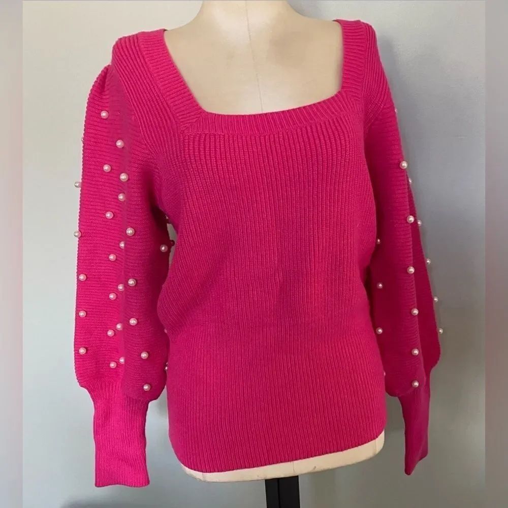 Belldini Pink Bishop Sleeve Sweater Pearl sleeve detailing Sz L NWT
